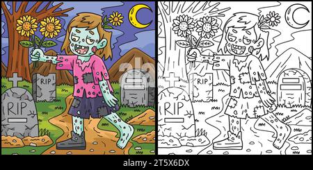 Zombie Girl avec tournesols Coloring Illustration Illustration de Vecteur