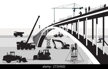 Chantier de construction de ponts avec chargeuse sur pneus et grue Illustration de Vecteur