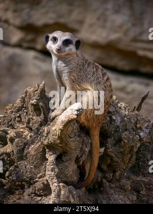 Meerkat en position de guet assis sur une racine d'arbre Banque D'Images