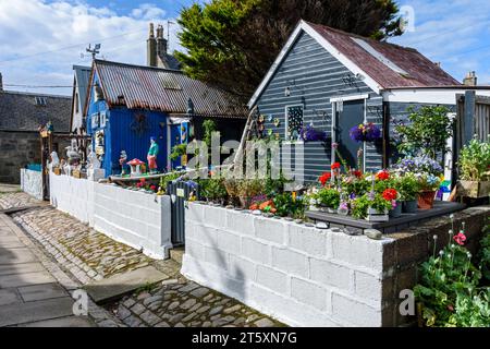 Cottages dans l'ancien village de pêcheurs historique de Footdee, les logements sont disposés en carrés avec leur dos à la mer. Aberdeen, Écosse, Royaume-Uni Banque D'Images