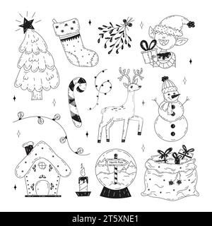 Ensemble de Noël d'éléments de doodle. Illustration de Vecteur