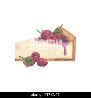 Un morceau de tarte au fromage, cheesecake au sirop et framboises sur fond blanc. Illustration à l'aquarelle dessinée à la main. Modèle pour la conception de menu Banque D'Images