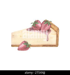Un morceau de tarte au fromage, cheesecake au sirop et fraises sur fond blanc. Illustration à l'aquarelle dessinée à la main. Modèle pour la conception de menu Banque D'Images