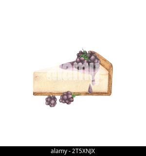 Un morceau de tarte au fromage, cheesecake avec sirop et mûres sur fond blanc. Illustration à l'aquarelle dessinée à la main. Modèle pour la conception de menu Banque D'Images