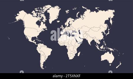 Carte du monde. Affiche du monde, carte de la terre avec des pays, silhouettes isolées de pays sur fond bleu. Carte du monde d'affiche dessinée à la main en couleur blanche et noire. Illustration vectorielle Illustration de Vecteur