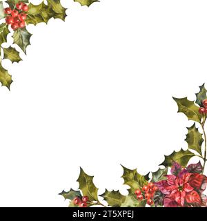 Cadre de Noël de houx et de branches de GUI avec des baies. Peinture aquarelle originale. Illustration florale pour la conception, l'impression, l'arrière-plan Banque D'Images