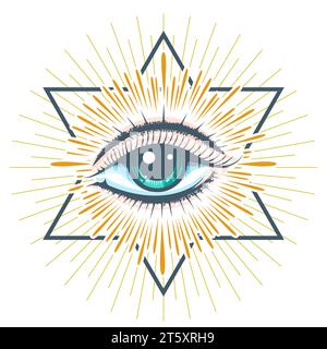 Emblème coloré de symbole maçonnique tous voyant Eye of Providence isolé sur blanc. Illustration vectorielle Illustration de Vecteur