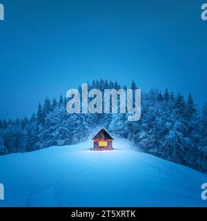 Une scène hivernale avec une cabane en bois solitaire et des sapins enneigés au milieu d'une prairie de montagne boisée. Carte postale de Noël. Forêt de montagnes enneigées Banque D'Images