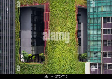 Oasis Hotel Downtown couvert de plantes vertes sur les façades du bâtiment, même les animaux tels que l'écureuil font une visite. Singapour. Banque D'Images