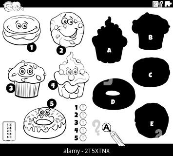 Illustration de dessin animé noir et blanc de trouver les bonnes ombres au jeu éducatif d'images avec la page de coloriage de personnages de nourriture douce Illustration de Vecteur