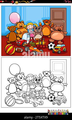 Illustrations de dessins animés de personnages de jouets drôles de coloriage de groupe Illustration de Vecteur