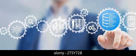 Big Data, analyse de données et concept d'IA. Personne touchant des icônes sur la base de données, l'ingénierie des données, l'informatique, l'analyse, l'apprentissage automatique, réseau neural Banque D'Images