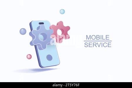Bannière de service mobile dans le style 3D. Conception de support technique Vector. Concept de gestion d'entreprise en ligne. Illustration de Vecteur
