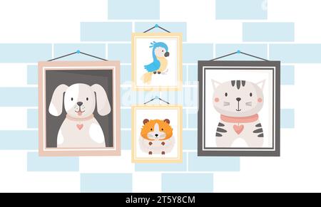 Cadres photo avec des portraits de beaux animaux de compagnie sur le mur. Cadre photo avec chien mignon, chat, hamster et maca perroquet. Illustration vectorielle. Illustration de Vecteur