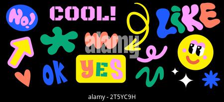 90 autocollants Cool Brutalism. Formes abstraites ludiques naïves, Cartoon Smile face, Groovy Arrow, Wavy Geometric Figures. Patchs Millennium de l'an 2000. Illustration vectorielle pour T-shirts. Illustration vectorielle Illustration de Vecteur