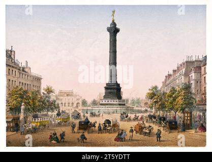 Vue ancienne de la place de la Bastille et colonne de juillet, Paris, France. Par Rivière, publ. À Paris, vers 1875 Banque D'Images