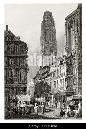 Vue ancienne de Rouen, France (Tour du beurre en arrière-plan). Par Prout, publ. À Londres, 1831 Banque D'Images