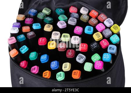 Marqueurs multicolores dans un étui zippé en tissu noir Banque D'Images