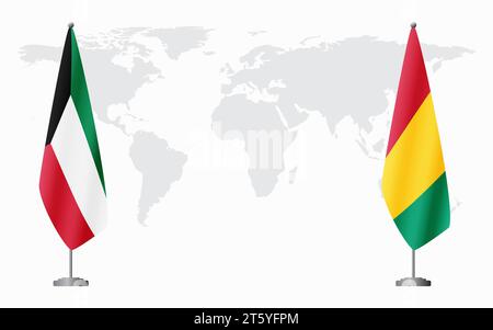 Drapeaux du Koweït et de la Guinée pour la réunion officielle sur fond de carte du monde. Illustration de Vecteur