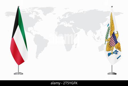 Drapeaux du Koweït et des îles Vierges américaines pour réunion officielle sur fond de carte du monde. Illustration de Vecteur
