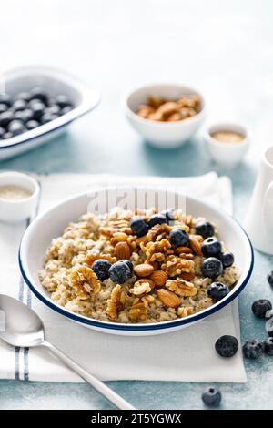 Bouillie d'avoine avec myrtille, amandes, noix, graines de lin, sésame et chia. Nourriture végétarienne saine pour le petit déjeuner Banque D'Images