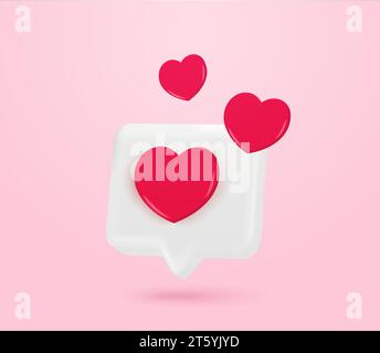 icône de boîte de chat d'amour 3d avec des coeurs volants, isolé sur fond 3d rendu émoticône de coeur pour livestream, les médias sociaux. Bulle de chat avec symbole d'amour. Illustration vectorielle. Illustration vectorielle Illustration de Vecteur