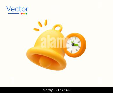 rappel 3d, alerte de calendrier, temps de faire quelque chose concept de bannière. 3d rendu cloche jaune avec icône d'horloge, isolé sur fond blanc. Symbole de date limite. Illustration vectorielle. Illustration vectorielle Illustration de Vecteur