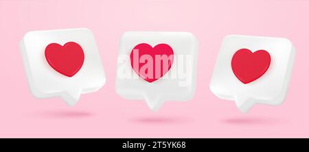 Zone de texte cœur 3D, icône cœur, notification de médias sociaux d'amour, bulle d'amour, boîte de chat. Rendu 3d comme, icône de coeur sur une épingle blanche, isolé. Ensemble de coeur dans le symbole de bulle de parole. Illustration vectorielle. Illustration vectorielle Illustration de Vecteur