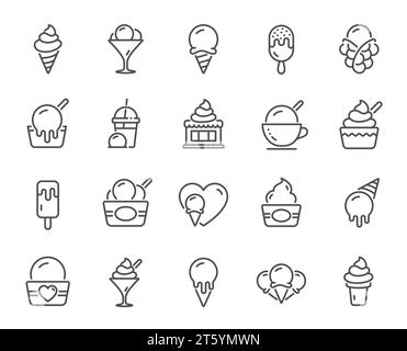 Icônes de lignes de crème glacée. Sundae à la vanille, yaourt glacé, gaufre à bulles. Vecteur Illustration de Vecteur
