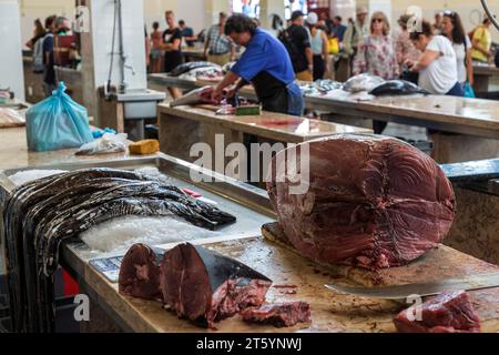 Thon et sabre noir (Aphanopus carbo), marché aux poissons, marché Mercado dos Lavradores, Funchal, Madère, Portugal Banque D'Images