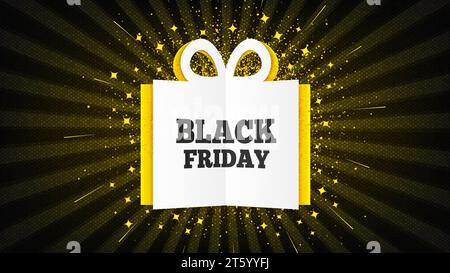 Boîte de vente Black friday. Étoiles jaunes, rayons de soleil et rayons. Découpez la boîte cadeau en papier. Contexte de l'offre spéciale. Vecteur Illustration de Vecteur