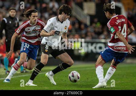 Javi Guerra (Valencia CF) et Gonzalo Villar (Granada FC) en action lors du match entre Valencia CF et Granada CF de LaLiga EA Sports à l’Estadio Mestalla. Scores finaux ; Valencia CF 1-0 Granada CF. Banque D'Images