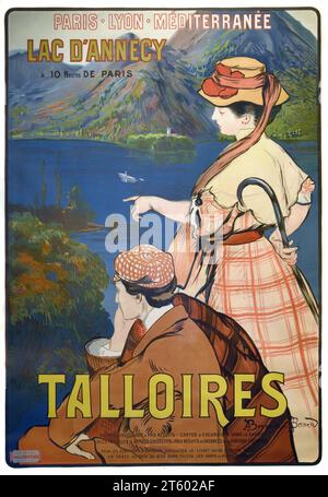 Affiche vintage, annonce ou Publicité pour la station alpine de Talloires sur les rives du Lac d'Annecy avec couple de touristes des années 1930 haute Savoie France Banque D'Images