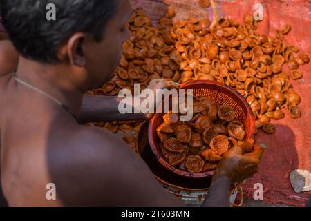 Kolkata, Inde. 06 novembre 2023. Un ouvrier colore une lampe en terre dans le village de poterie nommé Chaltaberia, à environ 40 km de la périphérie de Kolkata au Bengale occidental. Tout le village est en plein rythme de la production de lampes en terre et d'idoles avant le festival Diwali en Inde. Lampes en terre vendues dans toutes les villes indiennes comme Kolkata, Delhi, Mumbai, Hyderabad, Gujarat, Assam, Patna et Rajasthan, surtout pendant la saison des festivals. Même les lampes en terre sont exportées vers l'extérieur de l'Inde avant les célébrations de Diwali. (Photo Dipayan Bose/SOPA Images/Sipa USA) crédit : SIPA USA/Alamy Live News Banque D'Images