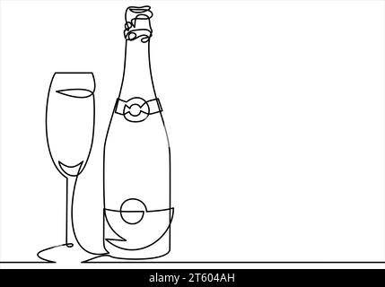 Bouteille de champagne et Glass.Vector illustration-dessin au trait continu Illustration de Vecteur