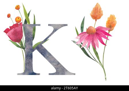 Lettre K avec des fleurs sauvages aquarelles. Alphabet floral, lettres isolées avec bouquet botanique. initiales de monogramme parfaitement pour invitation de mariage Banque D'Images