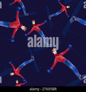 Pattern sans couture aquarelle avec skieurs. Banque D'Images