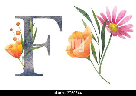 Lettre F avec des fleurs sauvages aquarelles. Alphabet floral, lettres isolées avec bouquet botanique. initiales de monogramme parfaitement pour invitation de mariage Banque D'Images