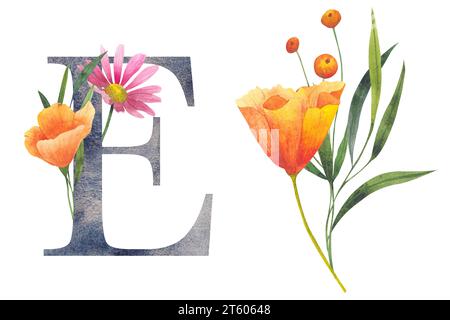 Lettre E avec des fleurs sauvages aquarelles. Alphabet floral, lettres isolées avec bouquet botanique. initiales de monogramme parfaitement pour invitation de mariage Banque D'Images
