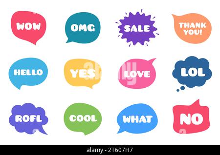 Chat bubble talk phrases. Clouds with different words. Speech bubbles with comments. Vector Illustration de Vecteur