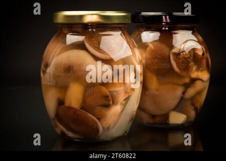 champignons boletus sauvages marinés dans un bocal en verre, isolés sur fond noir. Banque D'Images