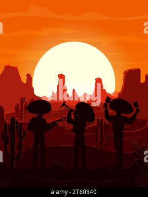 Paysage de coucher de soleil dans le désert de l'Ouest sauvage avec silhouettes de musiciens mariachi mexicains. Cow-boy ou charro hommes personnages vectoriels avec sombreros, guitare, trompette et violon debout au désert de sable avec des cactus Illustration de Vecteur