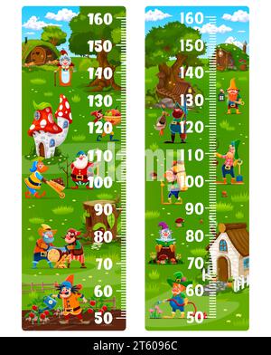 Règle de graphique de taille pour enfants. Gnomes de queue de fée de dessin animé à l'autocollant mural de mètre de mesure de vecteur de village. Tableau de croissance des enfants avec des personnages mignons de gnome, elfe et nain, tronc d'arbre de fée et maisons de champignons Illustration de Vecteur