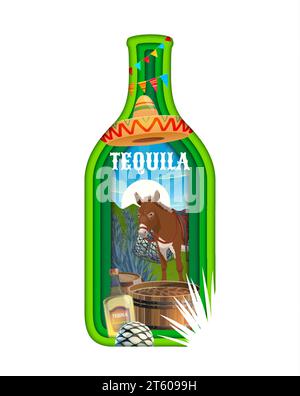 Bouteille de tequila mexicaine découpée en papier. Vector 3d cadre découpé en papier en forme de flacon en verre avec des couches finement travaillées, âne dans le désert, sombrero, barils en bois avec boisson et plante d'agave du Mexique Illustration de Vecteur