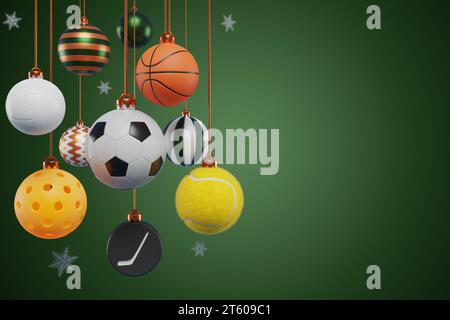 Décoration de Noël en balle de sport, pickleball tennis basketball football hockey volleyball sur fond vert. Rendu 3D. Banque D'Images