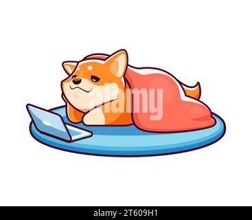 Dessin animé Happy shiba inu chien personnage, mignon kawaii animal de compagnie se prélassant sur un tapis confortable, absorbé dans l'utilisation d'un ordinateur portable, dépeignant un délicieux mélange de confort et de technologie. Animal vecteur adorable Illustration de Vecteur