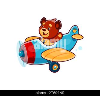 Personnage animal mignon d'ours de dessin animé sur l'avion ou l'avion, pilote d'animal vecteur d'enfant. Aviateur d'ours souriant drôle ou pilote volant sur l'avion jouet pour les enfants mascotte ou adorable personnage joyeux de zoo Illustration de Vecteur