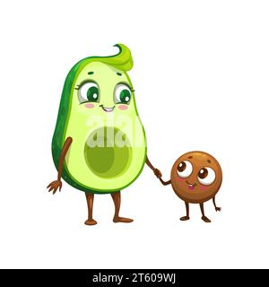 Dessin animé mexicain gai avocat père et enfants personnages, emoji vectoriel ou kawaii émoticône. Parent de famille avocat mère ou père tenant la graine d'avocat d'enfant à la main avec le visage souriant heureux Illustration de Vecteur