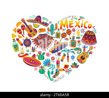 Aimez Mexique forme de coeur avec mariachi instruments de musique, sombrero, poncho, cactus et fleurs. Motif vectoriel de vacances mexicaines de guitare de bande dessinée, maracas, tequila et tex mex nourriture, Chili et Taco Illustration de Vecteur