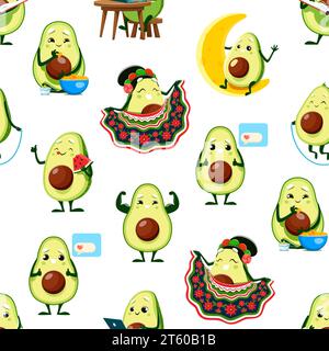 Dessins animés caractères d'avocat modèle sans couture, fond vectoriel. Drôle mignon avocat dans des vêtements mexicains, manger des chips nachos avec de la salsa guacamole, travailler sur ordinateur portable et envoyer un message d'amour dans le modèle Illustration de Vecteur